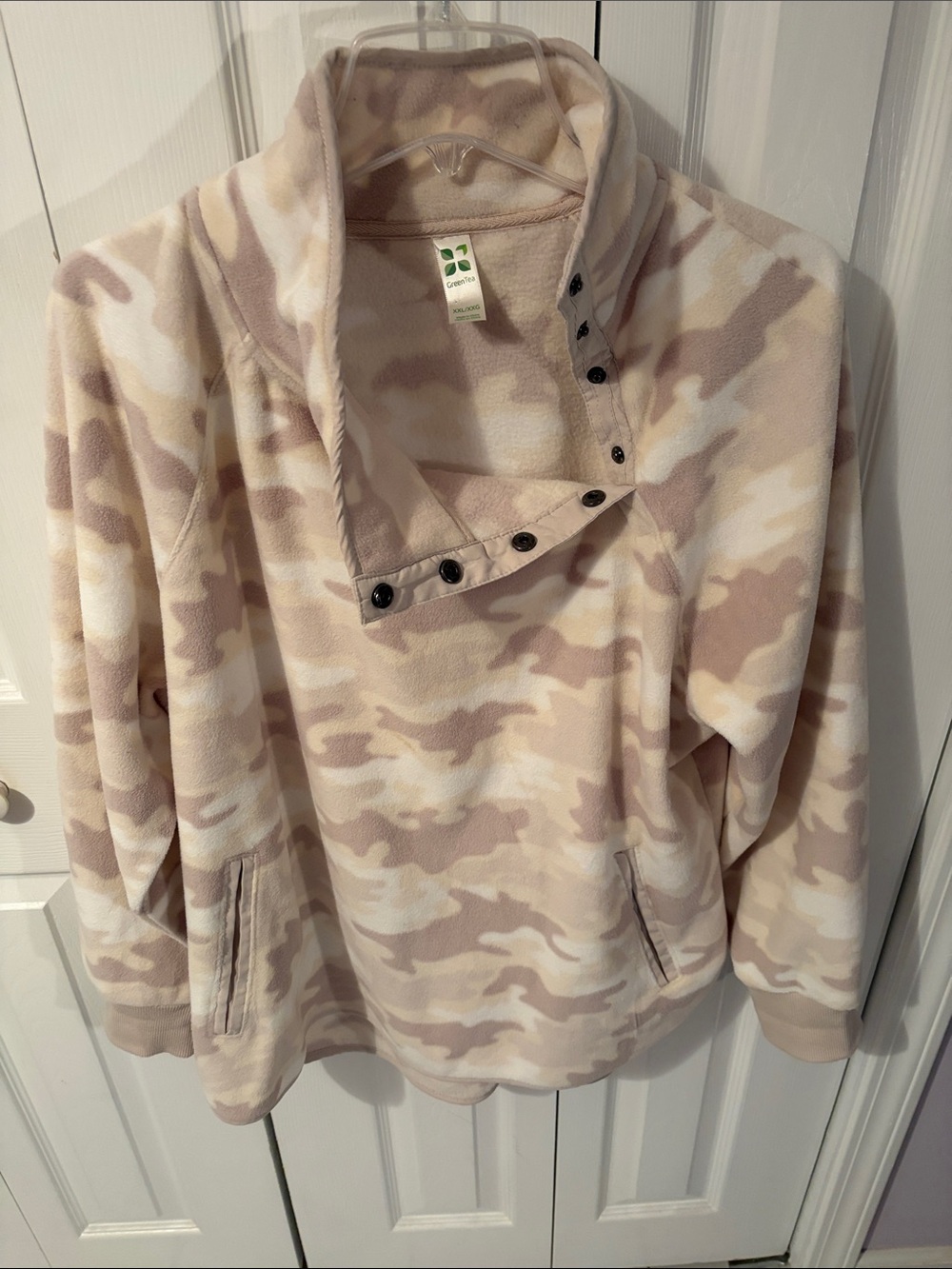 Green Tea Beige Camo Snap-Front Fleece Pullover Jacket